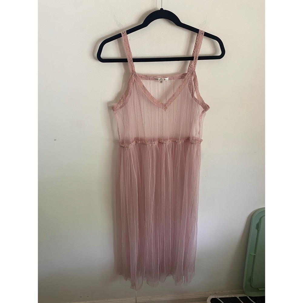 Hotwind Pink Sheer Mesh Lace Trim Midi Slip Dress Womens Medium Layering Piece